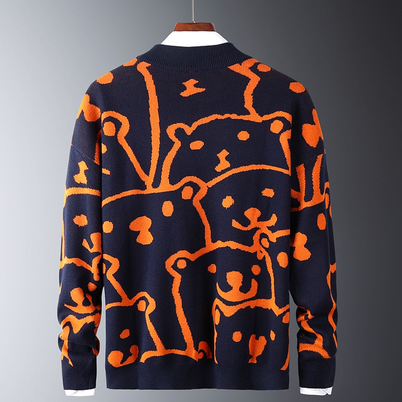 Mens Autumn Casual Sweaters Polar Bear Pattern Trendy Slim Sweaters Cotton Long Sleeve Round Collar Male Warm Pullovers Orange