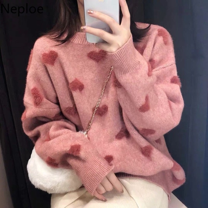 Imitation Water Velet Print Winter Clothes Pink O Neck Pullover Heart Pattern Sweater Women Warm Long Sleeve Sueter 47733