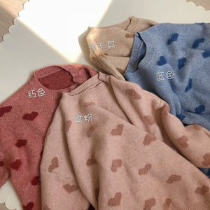 Imitation Water Velet Print Winter Clothes Pink O Neck Pullover Heart Pattern Sweater Women Warm Long Sleeve Sueter 47733