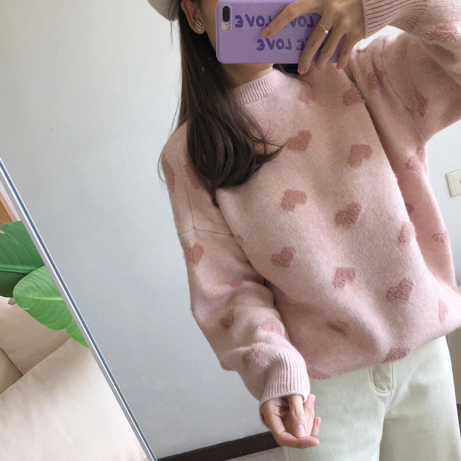 Imitation Water Velet Print Winter Clothes Pink O Neck Pullover Heart Pattern Sweater Women Warm Long Sleeve Sueter 47733