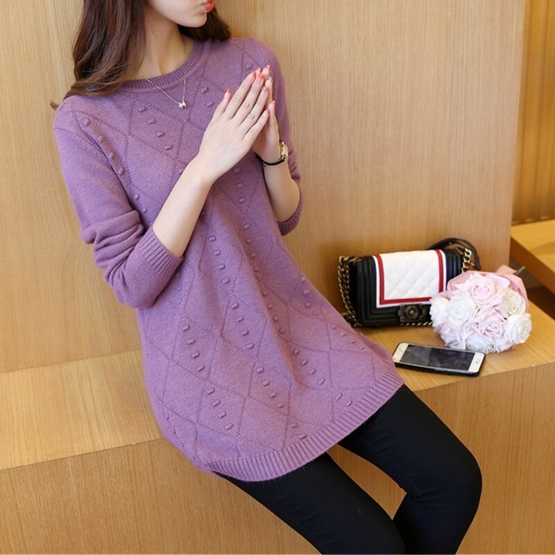 New Fashion 2020 Women Autumn Winter Long Knitted Sweater Pullovers Dress Casual Korean Clothes Warm Female O-Neck Tops