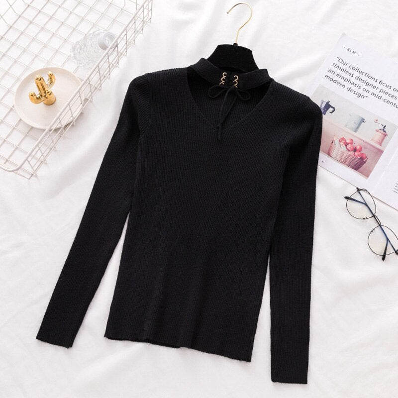 Lace Up Crop Casual Women Sweater Autumn Winter Knitted Pullovers Long Sleeve V Neck Slim Jumper Tops Bandage Sweater