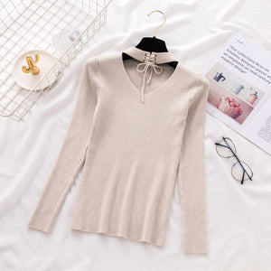 Lace Up Crop Casual Women Sweater Autumn Winter Knitted Pullovers Long Sleeve V Neck Slim Jumper Tops Bandage Sweater