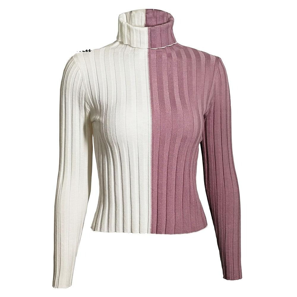 Patchwork women's turtleneck sweaters and pullovers autumn knitting clothes skinny sexy cropped lady's sweater hot sale