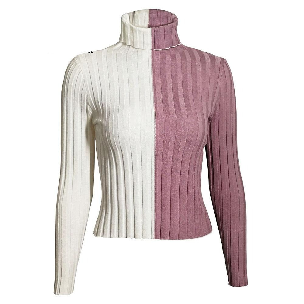 Patchwork women's turtleneck sweaters and pullovers autumn knitting clothes skinny sexy cropped lady's sweater hot sale