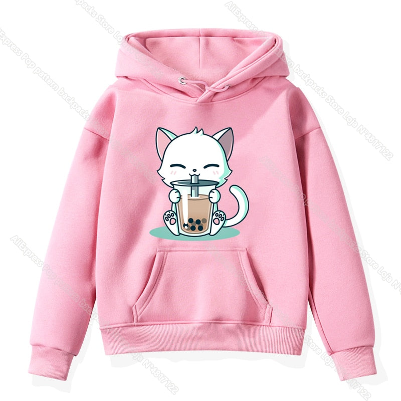The Cute Corgi Panda Cat Drinks Milk Tea Hoodie Toddler Kids Baby Kawaii Cartoon Sweatshirts Harajuku Children Warm Pullover