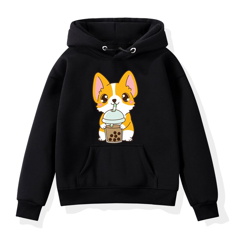 The Cute Corgi Panda Cat Drinks Milk Tea Hoodie Toddler Kids Baby Kawaii Cartoon Sweatshirts Harajuku Children Warm Pullover