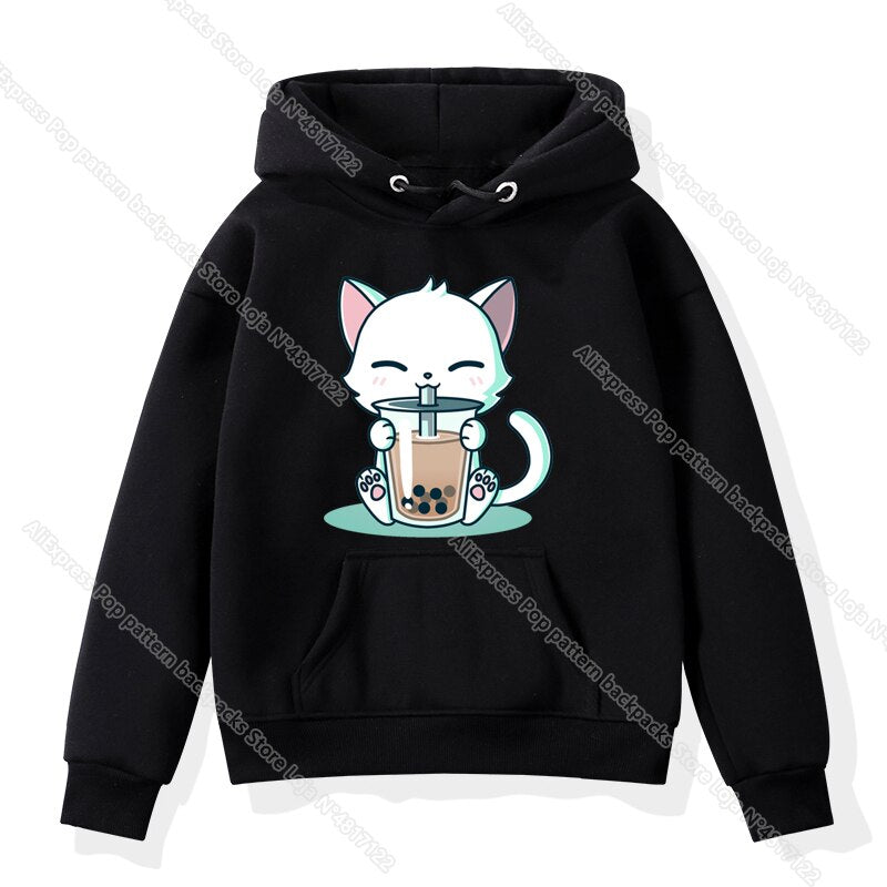 The Cute Corgi Panda Cat Drinks Milk Tea Hoodie Toddler Kids Baby Kawaii Cartoon Sweatshirts Harajuku Children Warm Pullover