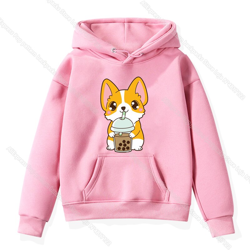 The Cute Corgi Panda Cat Drinks Milk Tea Hoodie Toddler Kids Baby Kawaii Cartoon Sweatshirts Harajuku Children Warm Pullover