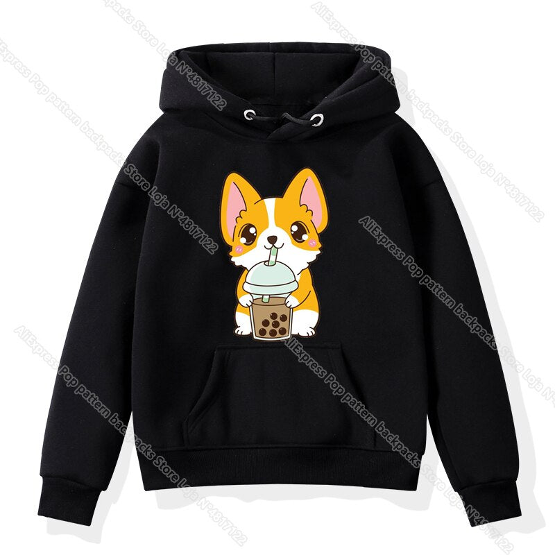The Cute Corgi Panda Cat Drinks Milk Tea Hoodie Toddler Kids Baby Kawaii Cartoon Sweatshirts Harajuku Children Warm Pullover