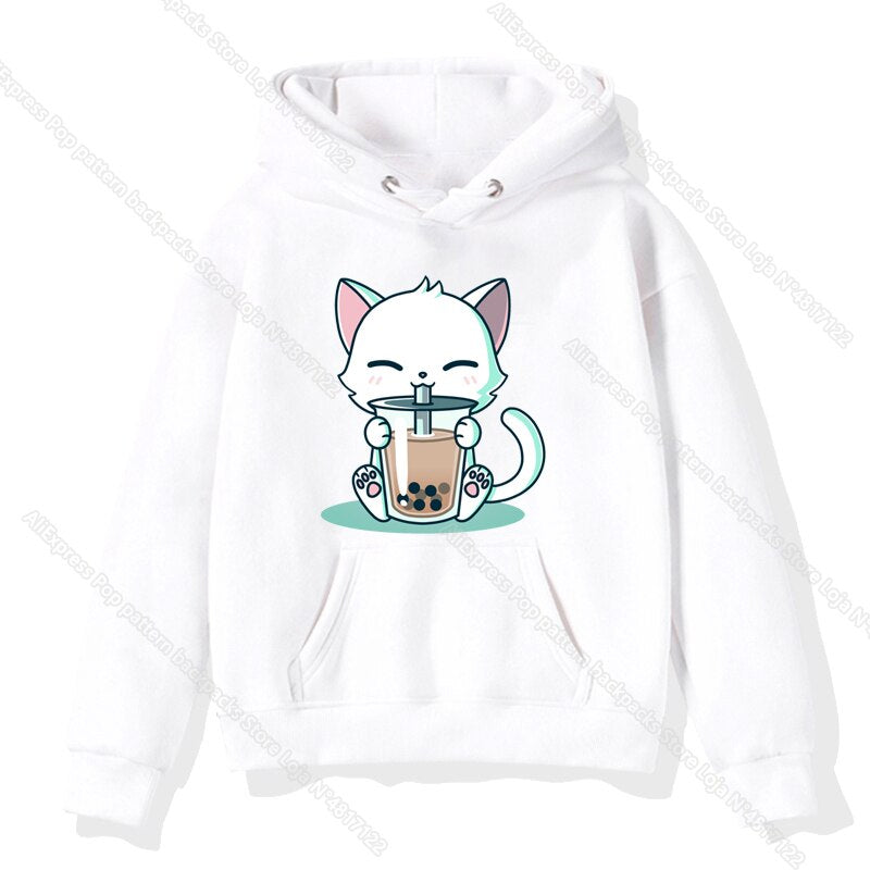 The Cute Corgi Panda Cat Drinks Milk Tea Hoodie Toddler Kids Baby Kawaii Cartoon Sweatshirts Harajuku Children Warm Pullover