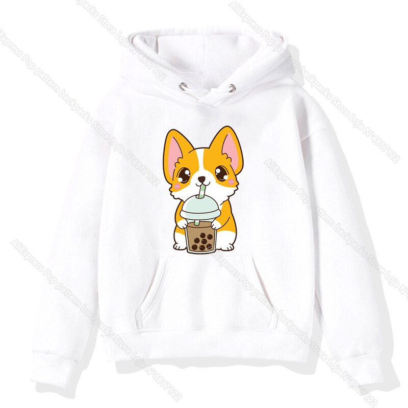 The Cute Corgi Panda Cat Drinks Milk Tea Hoodie Toddler Kids Baby Kawaii Cartoon Sweatshirts Harajuku Children Warm Pullover