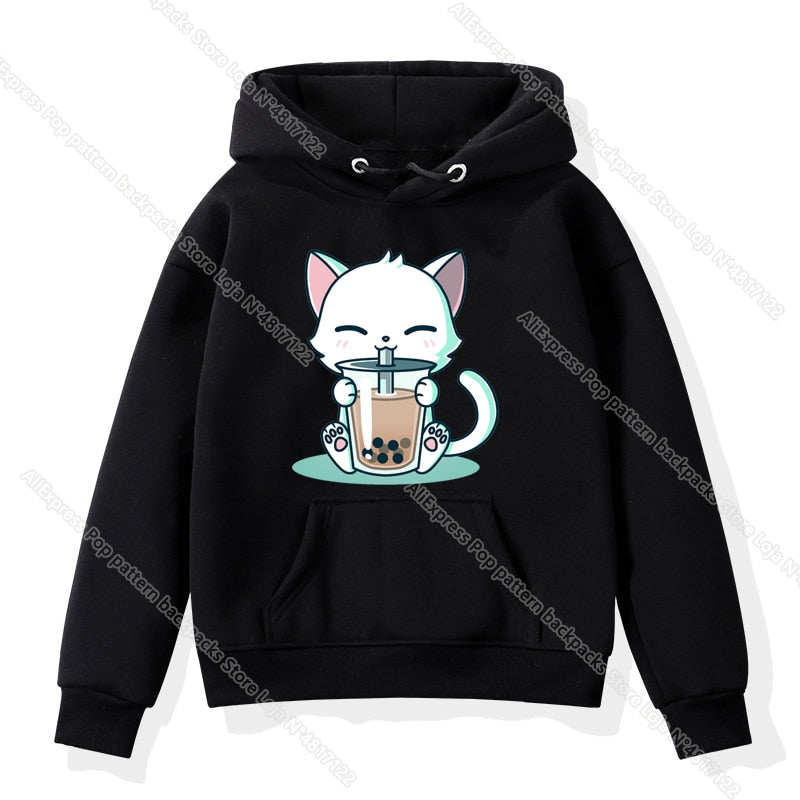 The Cute Corgi Panda Cat Drinks Milk Tea Hoodie Toddler Kids Baby Kawaii Cartoon Sweatshirts Harajuku Children Warm Pullover