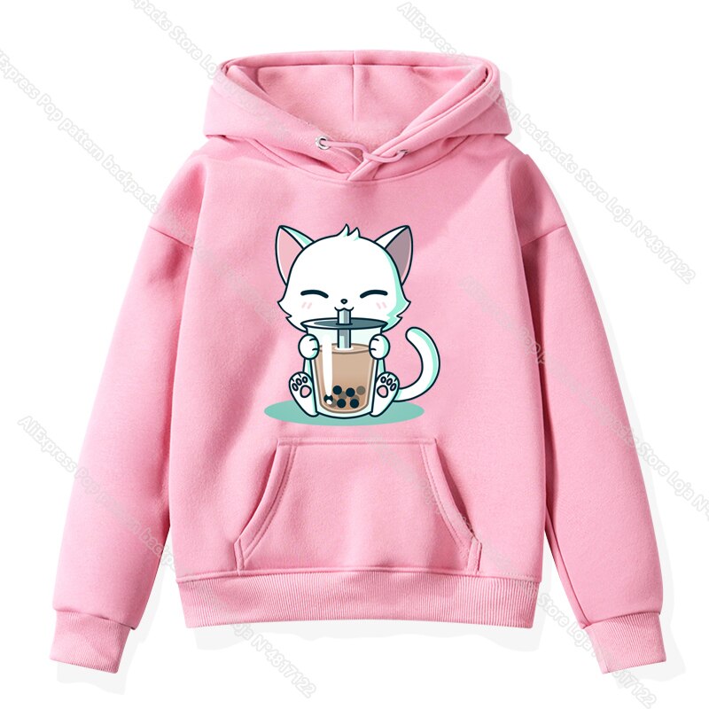 The Cute Corgi Panda Cat Drinks Milk Tea Hoodie Toddler Kids Baby Kawaii Cartoon Sweatshirts Harajuku Children Warm Pullover