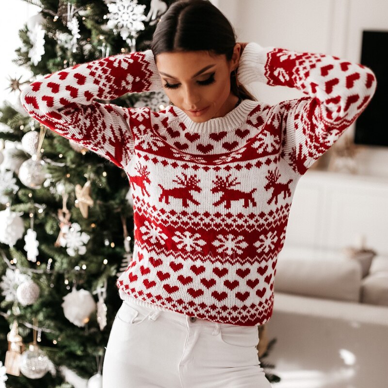 Women Autumn Winter Christmas Sweater Ladies Knitted Jumper Pullover Women Sweater Snowflake Elk Print Sweaters And Pullovers