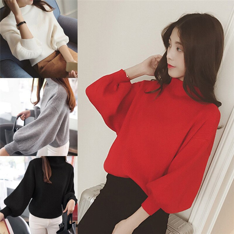 Women Batwing Sleeve Loose Sweater Autumn Winter Vintage Sweater Turtleneck Knitted Pullover Sweaters Crop Top